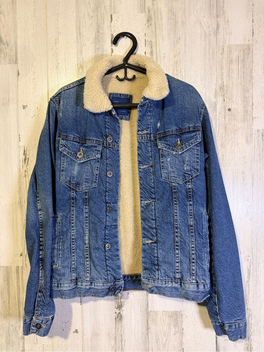 Zara Man Denim Sherpa Trucker Jacket Blue Medium Sherpa Lined Winter Coat